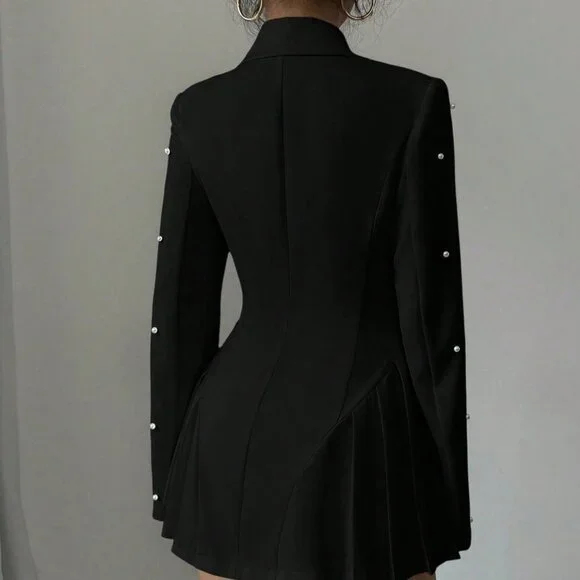 Black Elegant Women's Pearl Stud Button Front Blazer Jacket